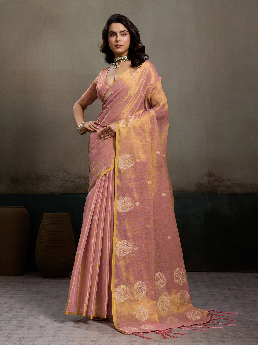Anaita Pink Tissue Silk Woven Saree With Blouse | Grocsy