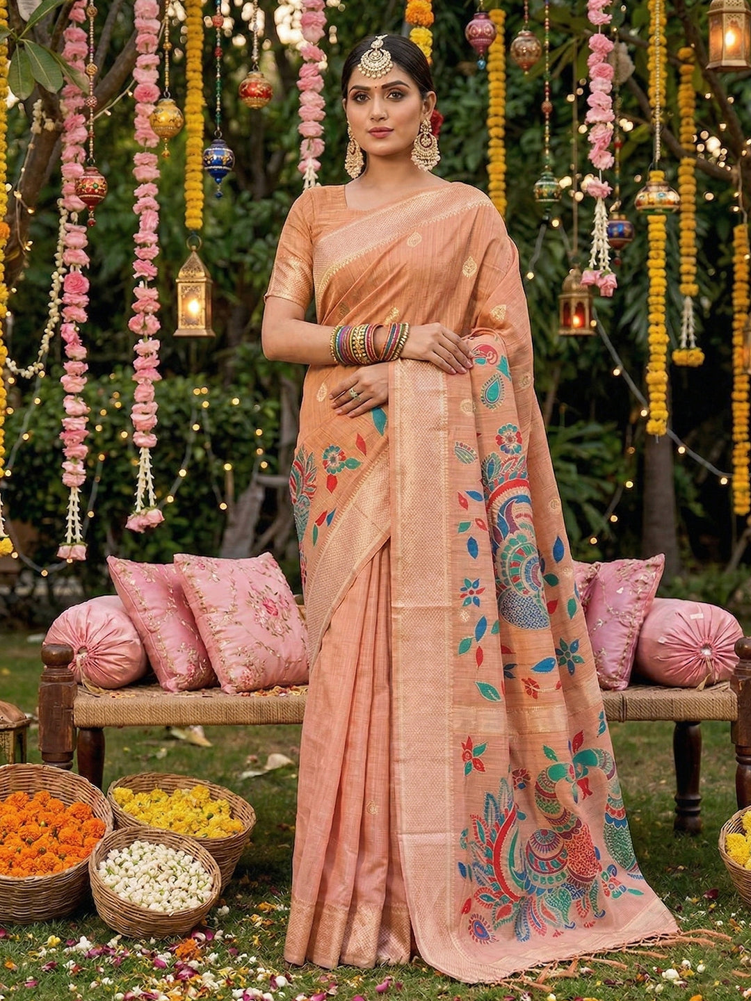 Anaita Pink Linen Cotton Woven Saree With Blouse | Grocsy