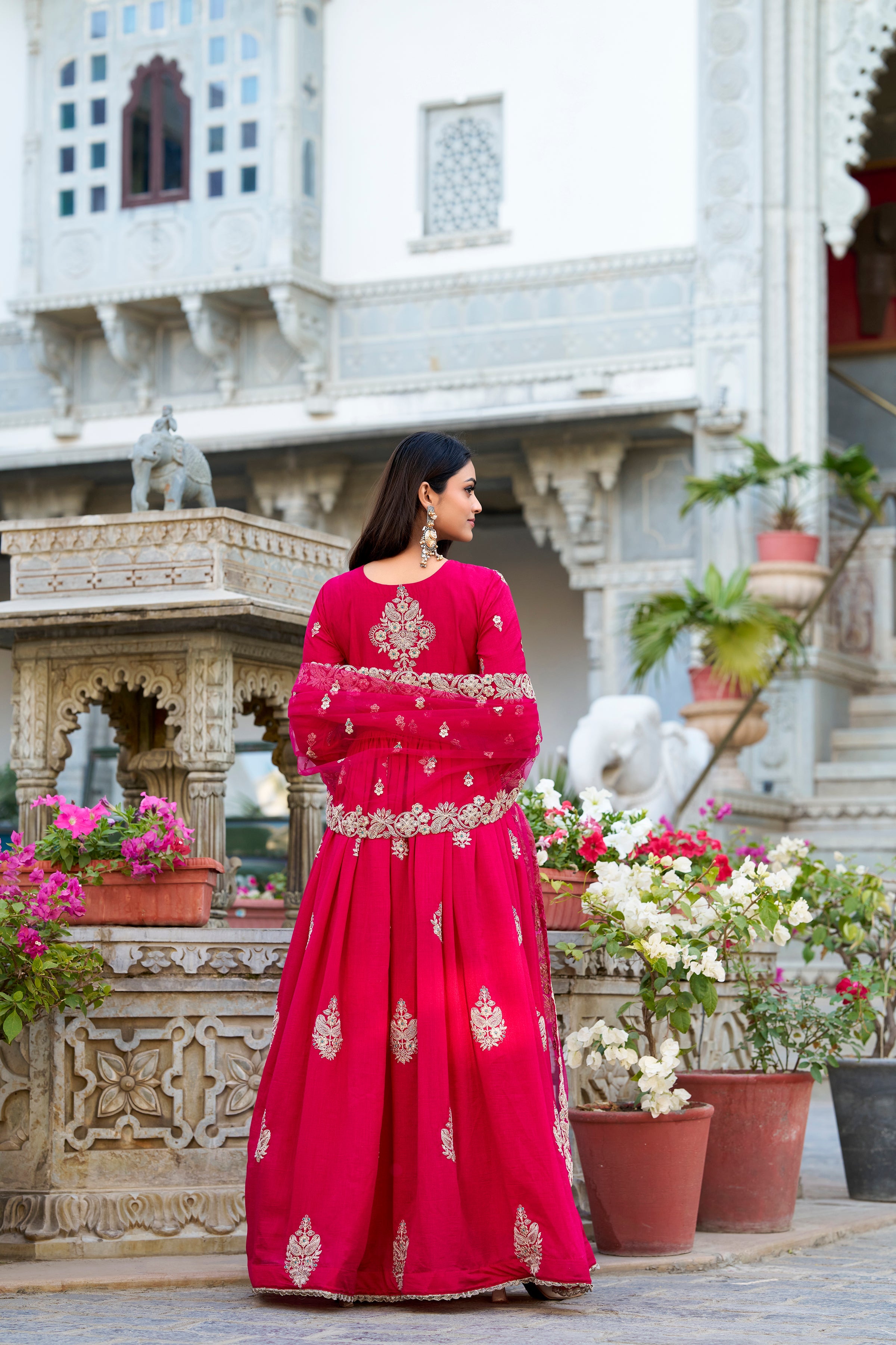 Evanik Pink Vichitra Silk Sequins and Thread Embroidery Work Gown Dupatta | Grocsy