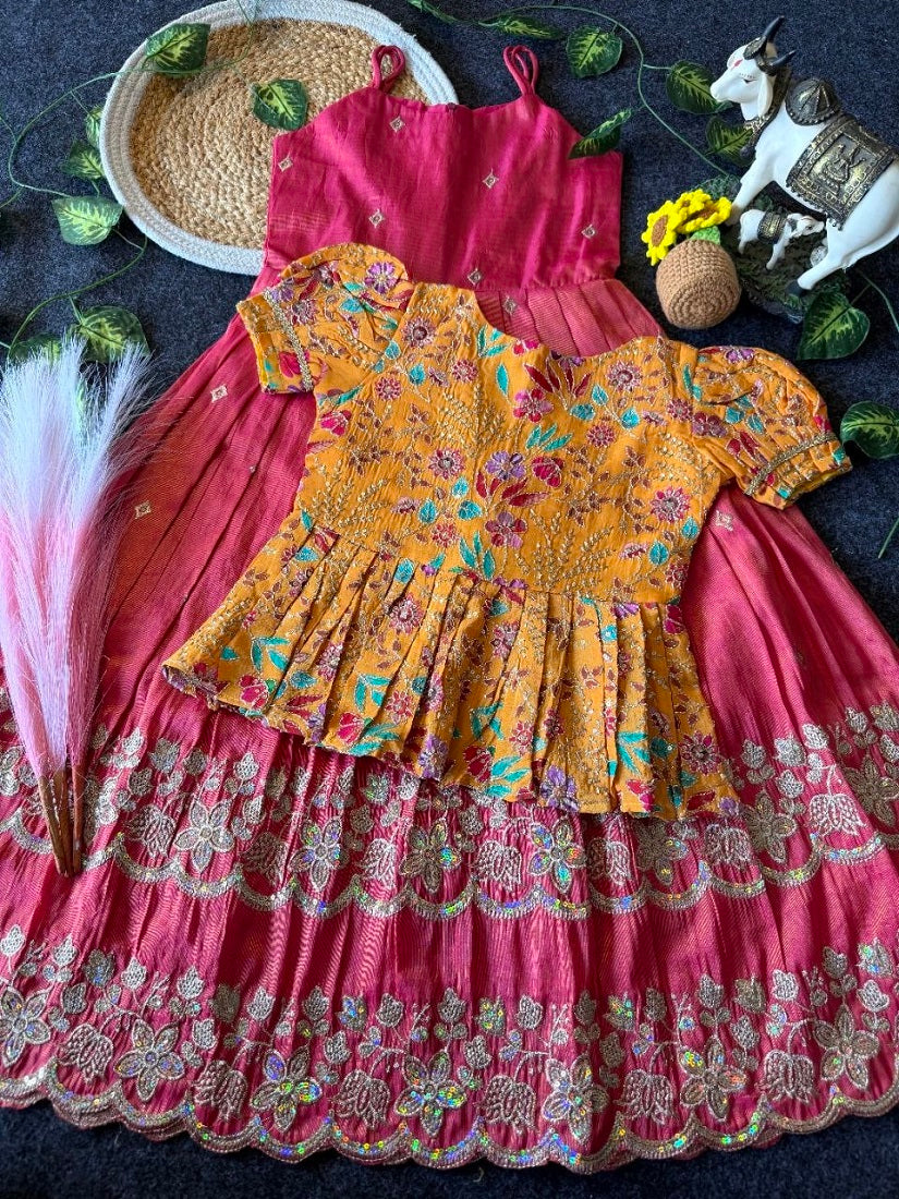 Evanik Designer Pink Tissue Silk Embroidered Work Gown With koti for Kids | Grocsy