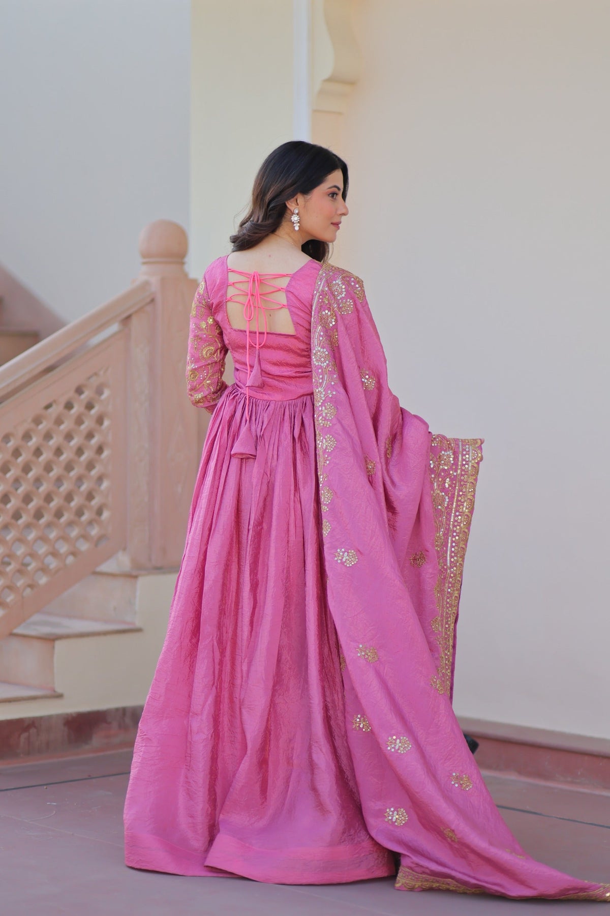 Evanik Pink Gold-Crush Fabric with Sequins & Multi Embroidered work Gown Dupatta | Grocsy
