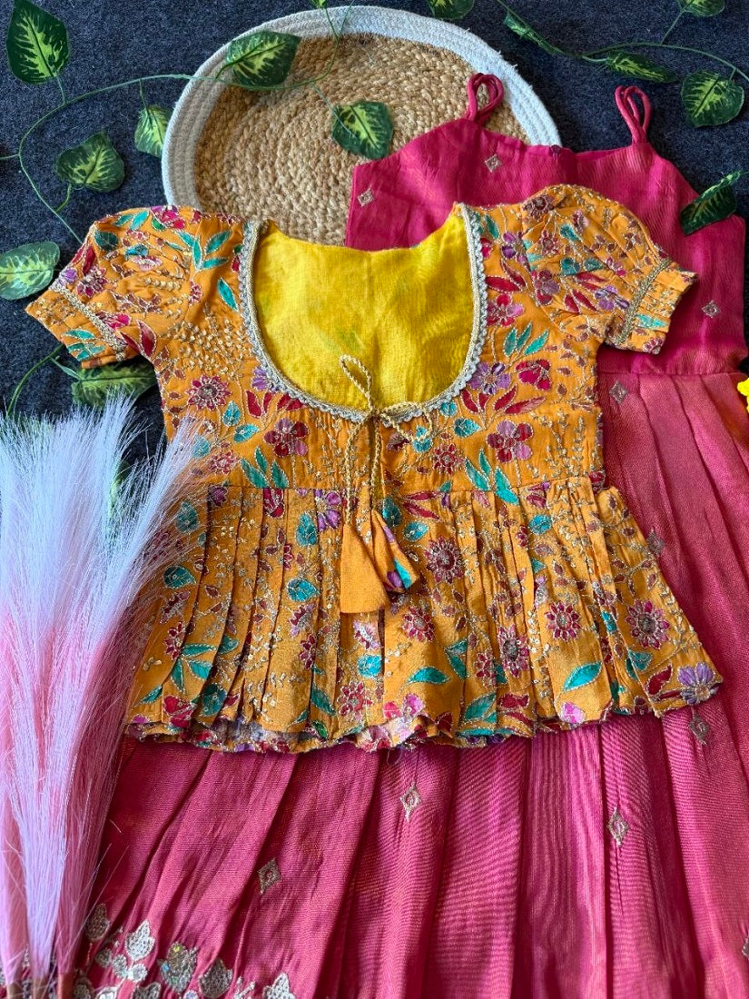 Evanik Designer Pink Tissue Silk Embroidered Work Gown With koti for Kids | Grocsy