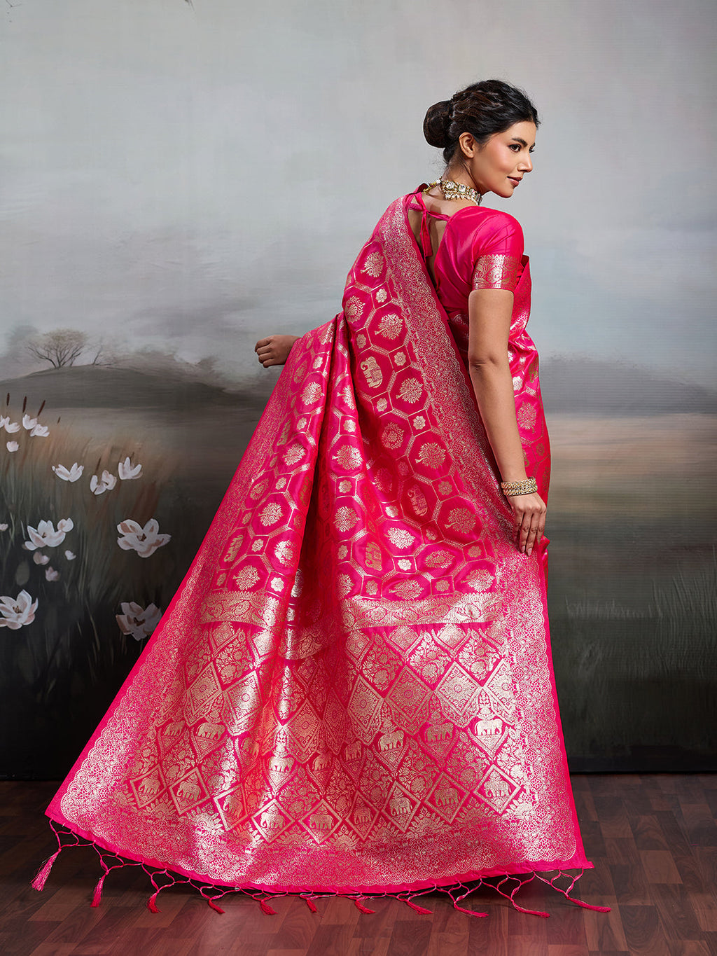 Anaita Pink Silk Blend Woven Saree With Blouse | Grocsy