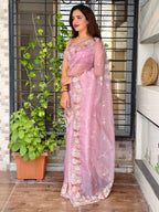 Evanik Leno Net Organza Embroidered Work Saree With Unstitched Blouse | Grocsy