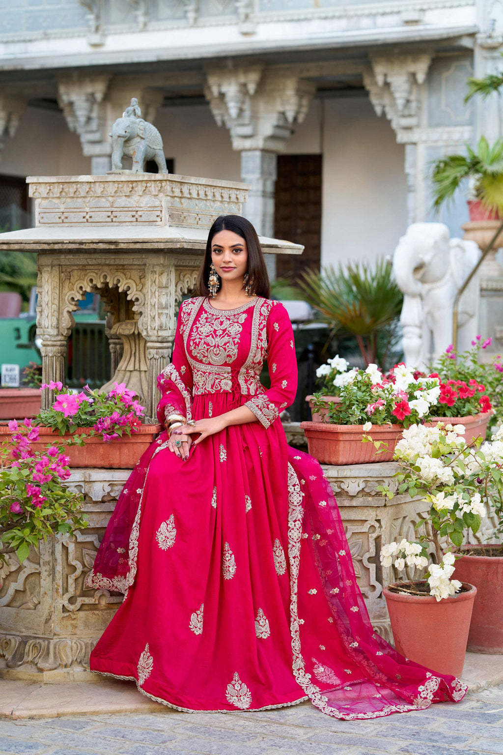 Evanik Pink Vichitra Silk Sequins and Thread Embroidery Work Gown Dupatta | Grocsy
