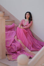 Evanik Pink Gold-Crush Fabric with Sequins & Multi Embroidered work Gown Dupatta | Grocsy
