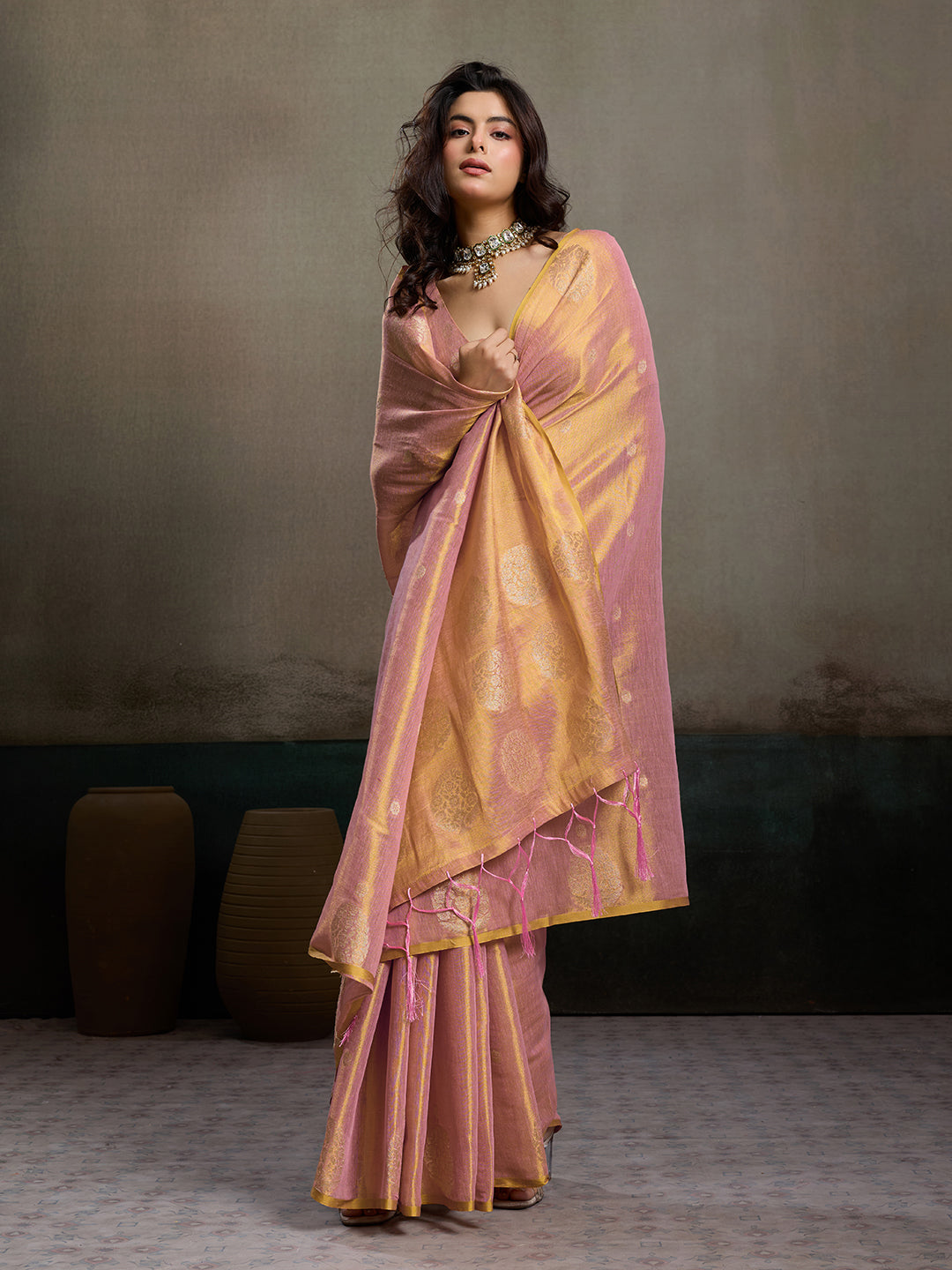 Anaita Pink Tissue Silk Woven Saree With Blouse | Grocsy