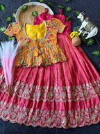 Evanik Designer Pink Tissue Silk Embroidered Work Gown With koti for Kids | Grocsy