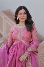 Evanik Pink Gold-Crush Fabric with Sequins & Multi Embroidered work Gown Dupatta | Grocsy