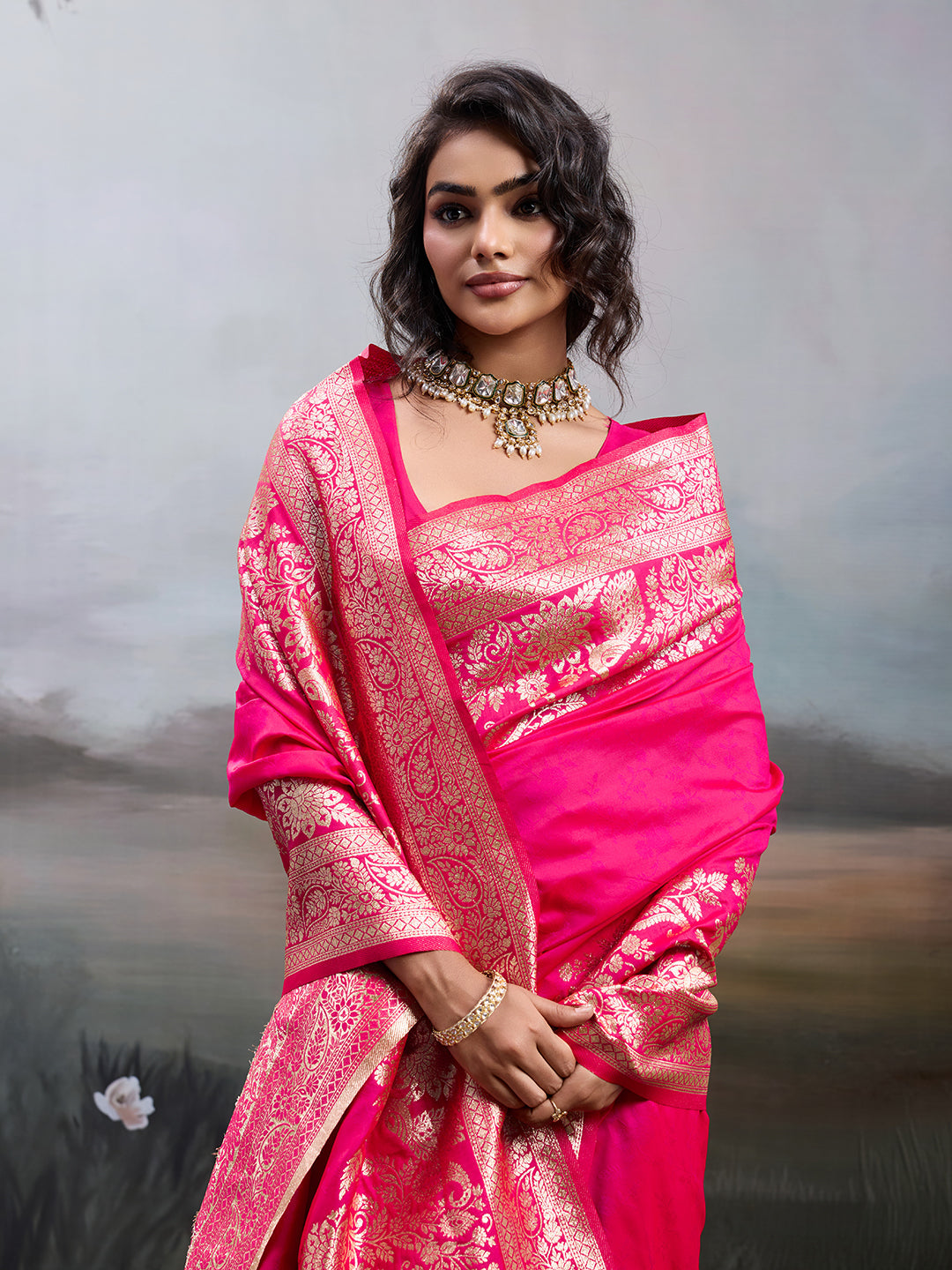 Anaita Pink Silk Blend Woven Saree With Blouse | Grocsy