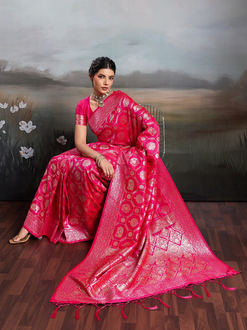 Anaita Pink Silk Blend Woven Saree With Blouse | Grocsy