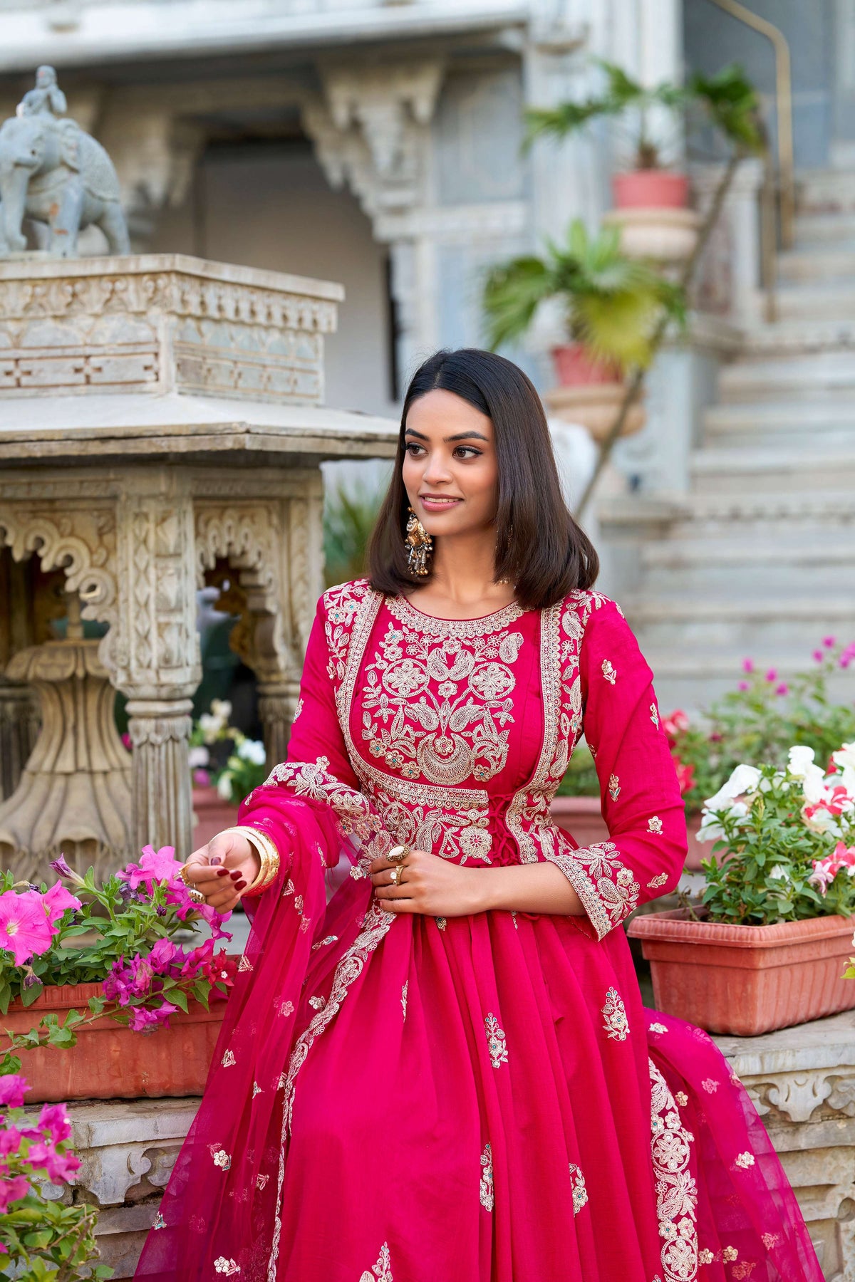 Evanik Pink Vichitra Silk Sequins and Thread Embroidery Work Gown Dupatta | Grocsy