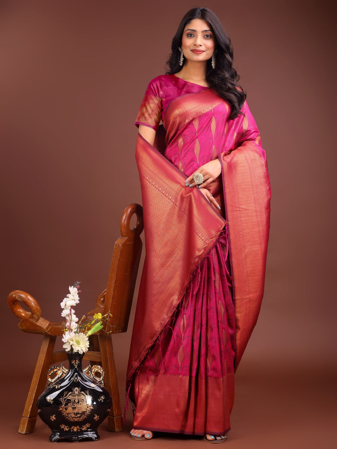 Anaita Pink Banarasi Silk Woven Saree With Blouse | Grocsy