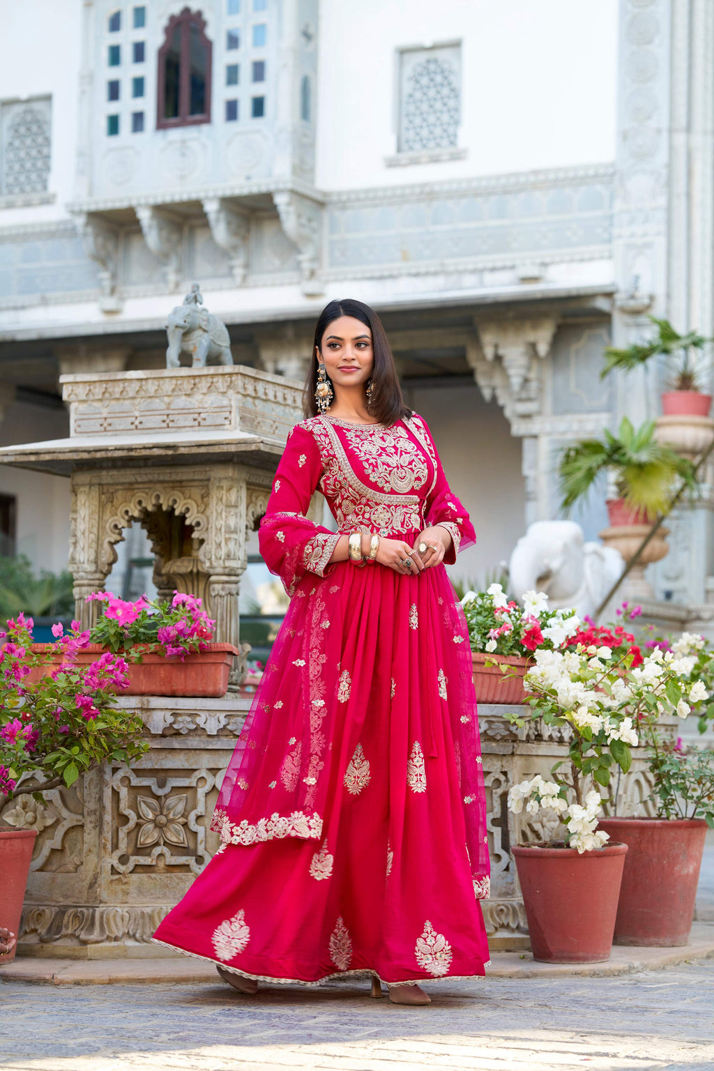 Evanik Pink Vichitra Silk Sequins and Thread Embroidery Work Gown Dupatta | Grocsy