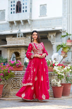 Evanik Pink Vichitra Silk Sequins and Thread Embroidery Work Gown Dupatta | Grocsy