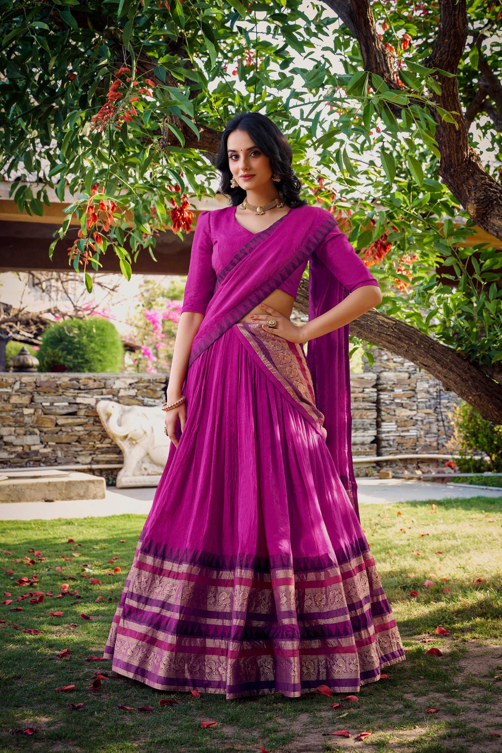 Evanik Women Pure Chanderi Plain With Zari Weaving Work Border Stitched Lehenga With Unstitched Blouse Dupatta(Up to 42) | Grocsy