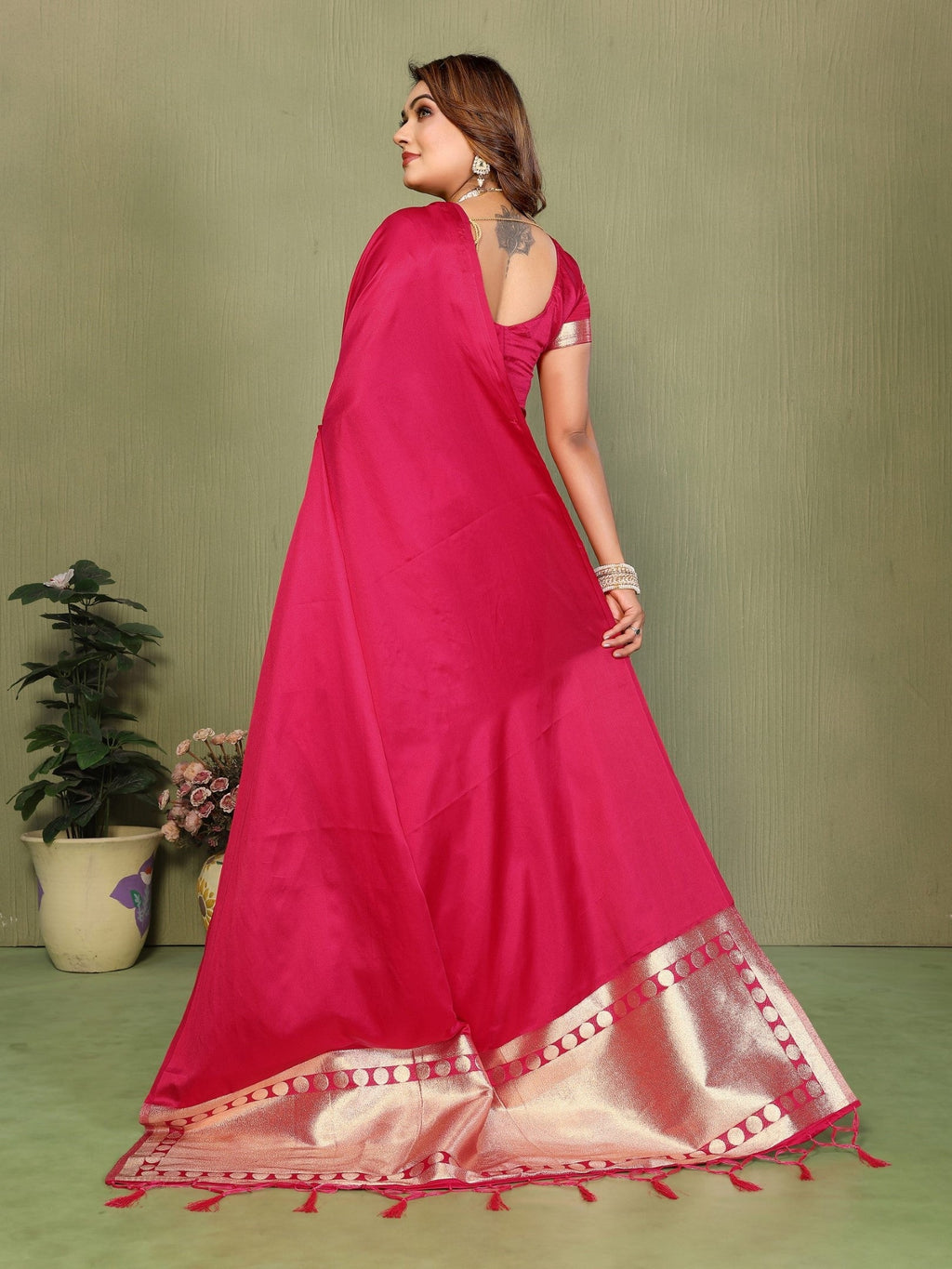 Anaita Pink Zari Weaving Work Satin Silk Saree With Blouse | Grocsy