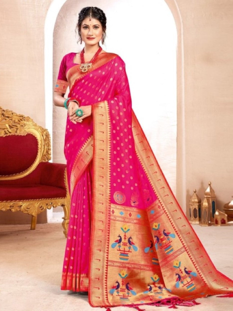 Anaita Pink Banarasi Saree With Blouse Piece | Grocsy