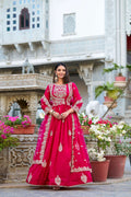 Evanik Pink Vichitra Silk Sequins and Thread Embroidery Work Gown Dupatta | Grocsy