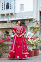 Evanik Pink Vichitra Silk Sequins and Thread Embroidery Work Gown Dupatta | Grocsy