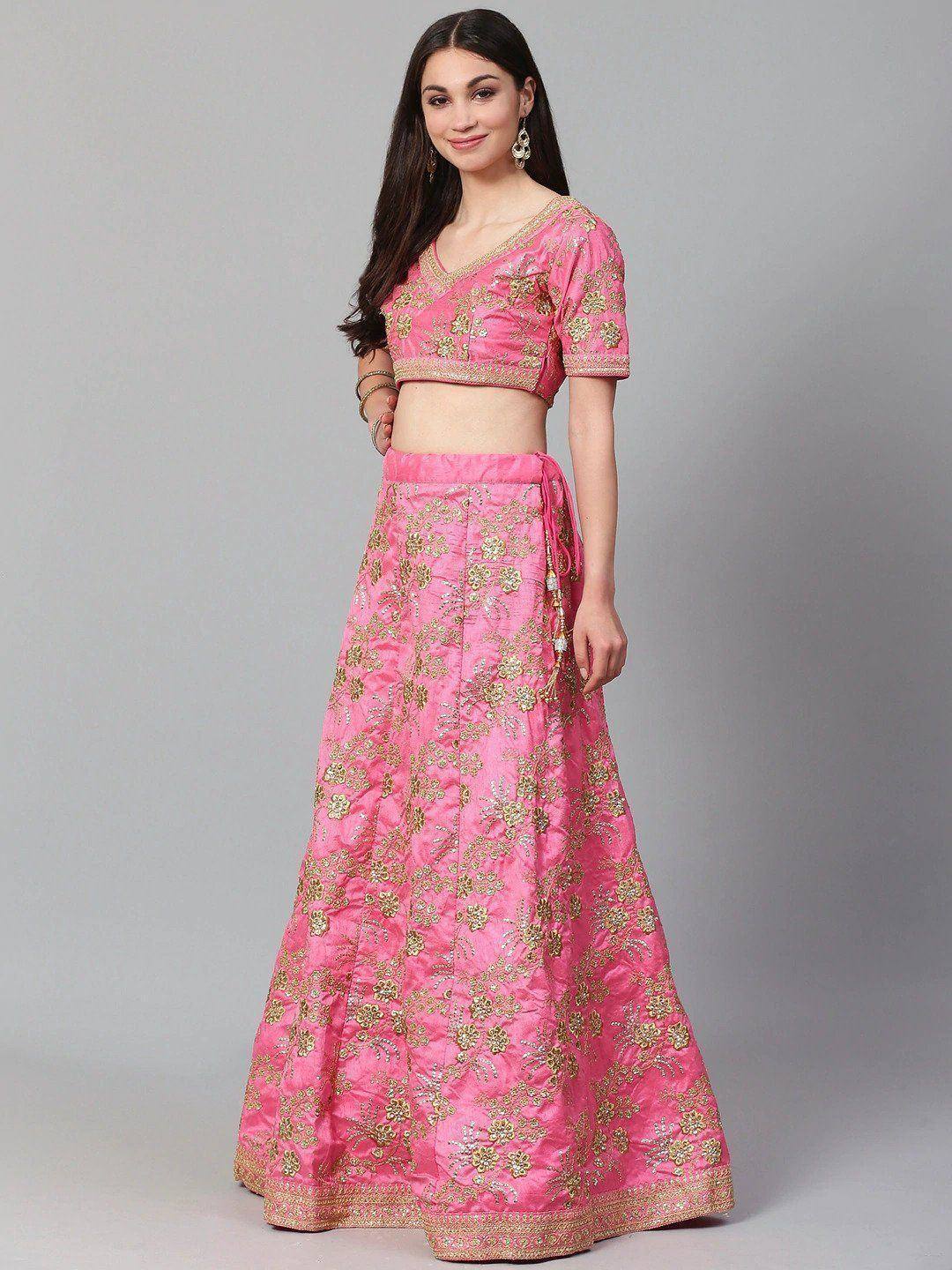 Tulsi Art Pink Semi-Stitched Myntra Lehenga & Unstitched Blouse With Dupatta | Grocsy