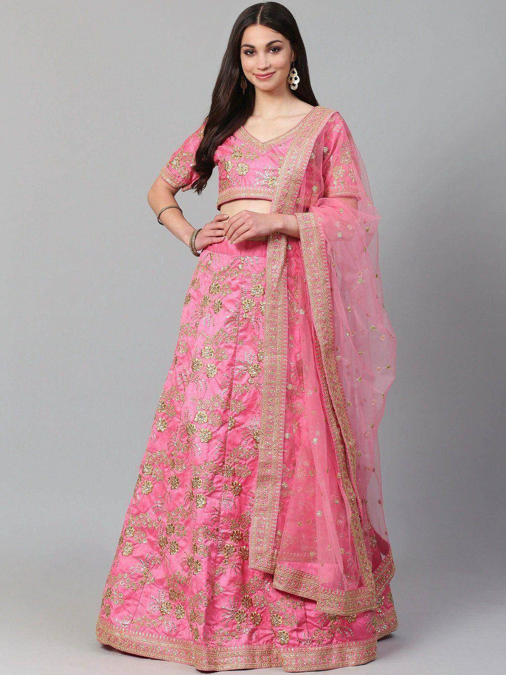 Tulsi Art Pink Semi-Stitched Myntra Lehenga & Unstitched Blouse With Dupatta | Grocsy