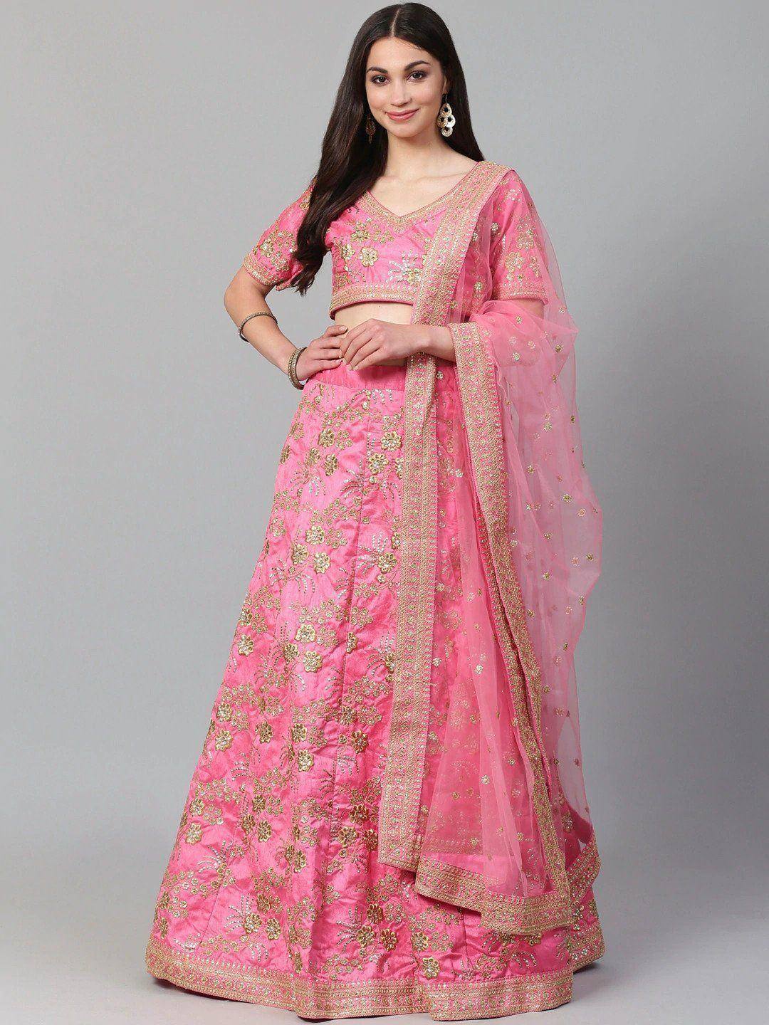 Tulsi Art Pink Semi-Stitched Myntra Lehenga & Unstitched Blouse With Dupatta | Grocsy