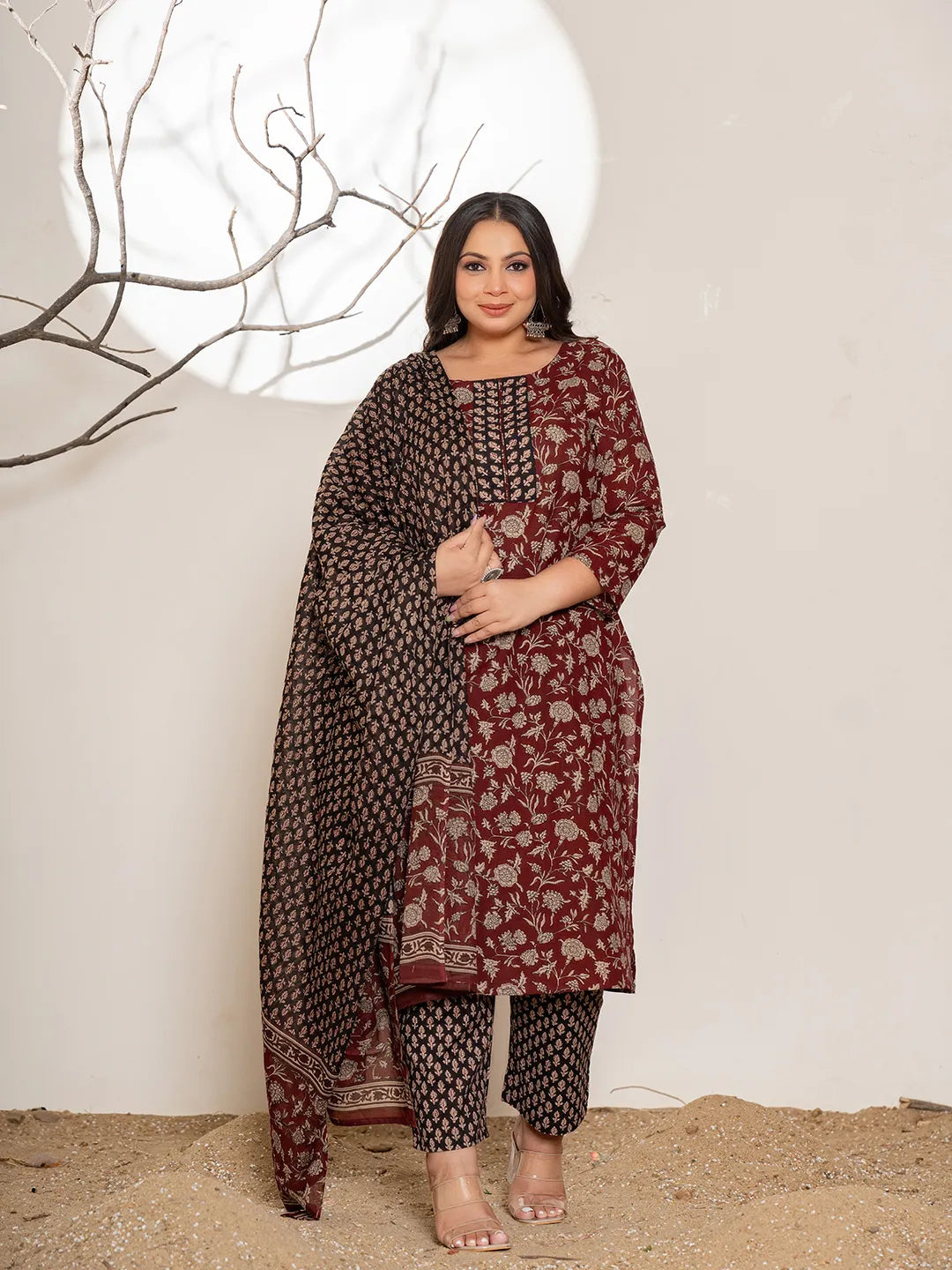 Yufta Maroon Floral Print Cotton Plus Size Kurta Dupatta Set | Grocsy