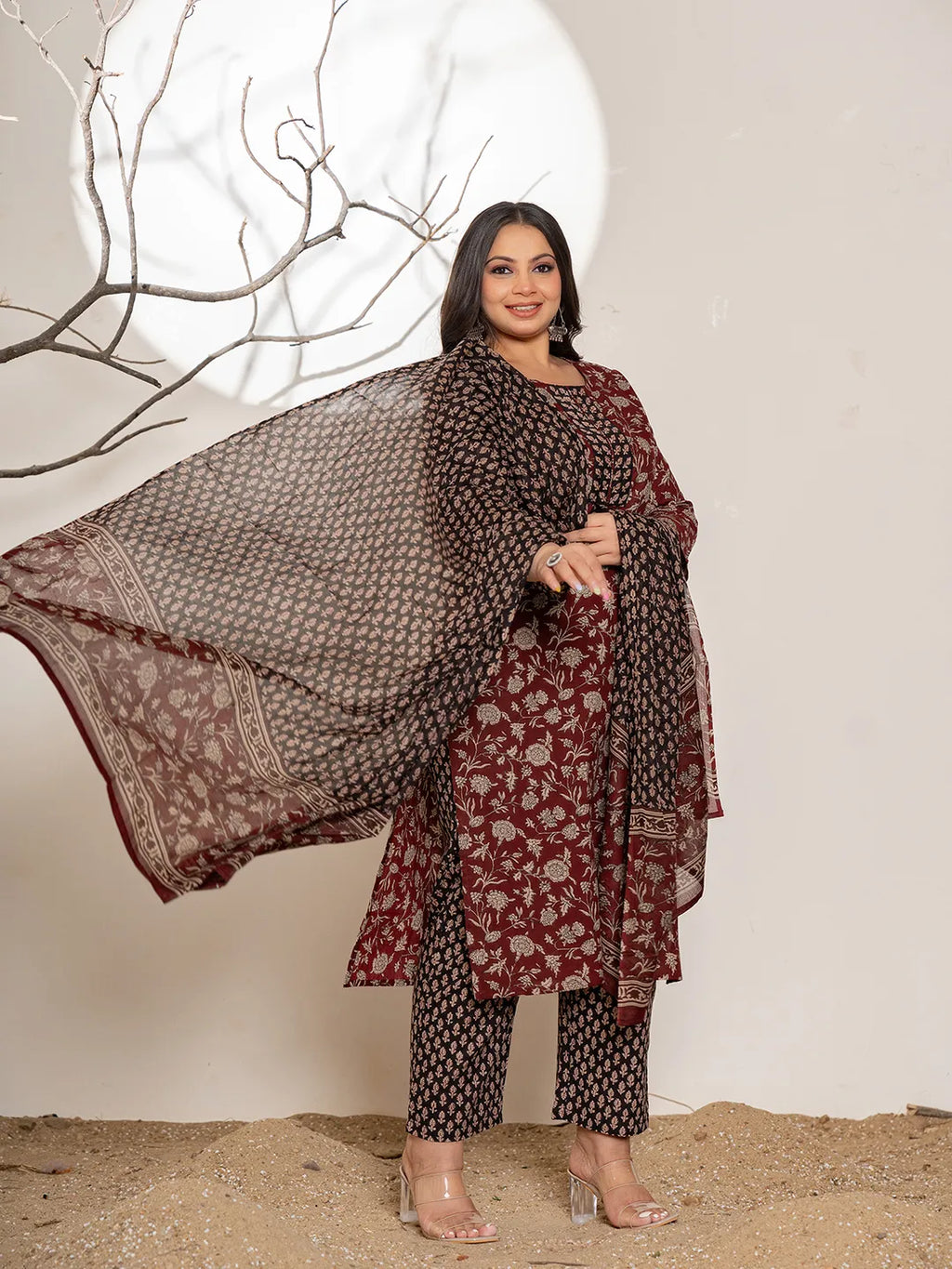 Yufta Maroon Floral Print Cotton Plus Size Kurta Dupatta Set | Grocsy