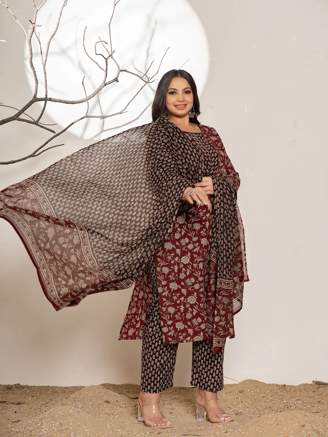 Yufta Maroon Floral Print Cotton Plus Size Kurta Dupatta Set | Grocsy