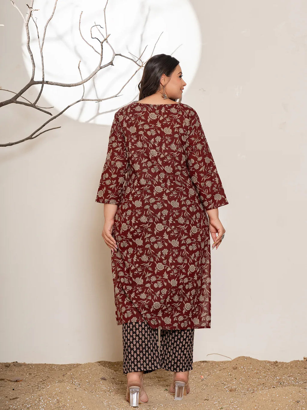 Yufta Maroon Floral Print Cotton Plus Size Kurta Dupatta Set | Grocsy