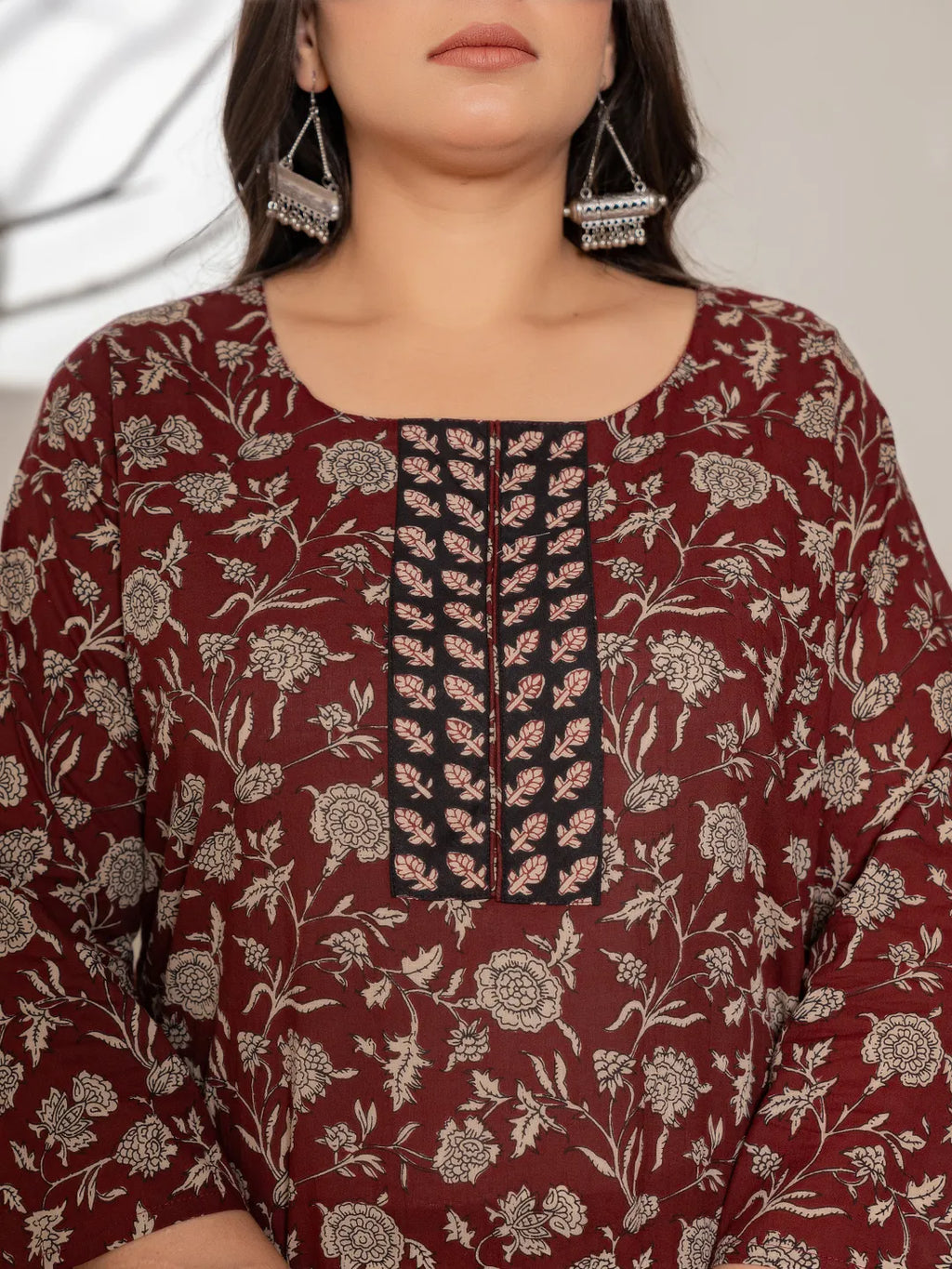 Yufta Maroon Floral Print Cotton Plus Size Kurta Dupatta Set | Grocsy