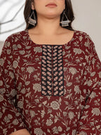 Yufta Maroon Floral Print Cotton Plus Size Kurta Dupatta Set | Grocsy