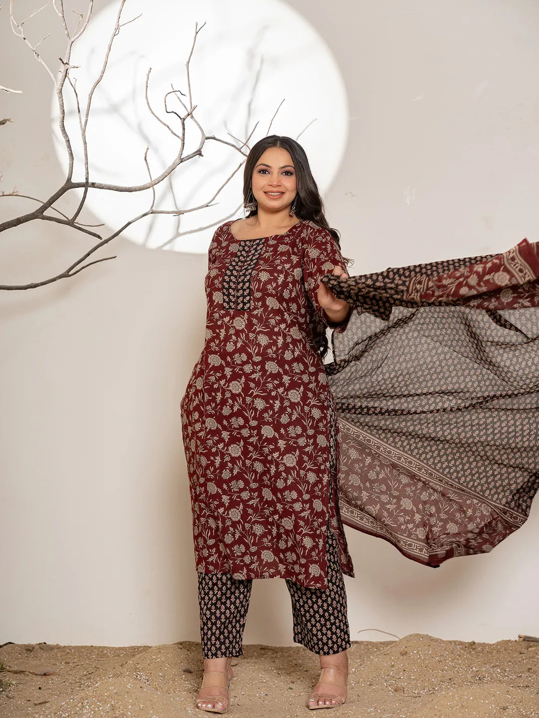 Yufta Maroon Floral Print Cotton Plus Size Kurta Dupatta Set | Grocsy