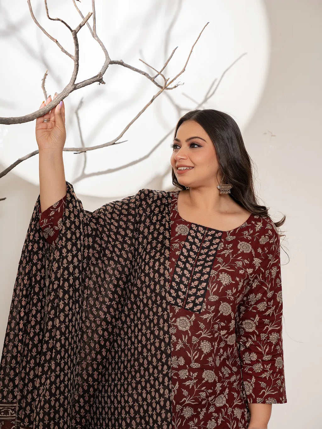Yufta Maroon Floral Print Cotton Plus Size Kurta Dupatta Set | Grocsy