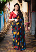 Black Poly Georgette Ethnic Motifs Saree with Unstitched Blouse - A2M | Grocsy