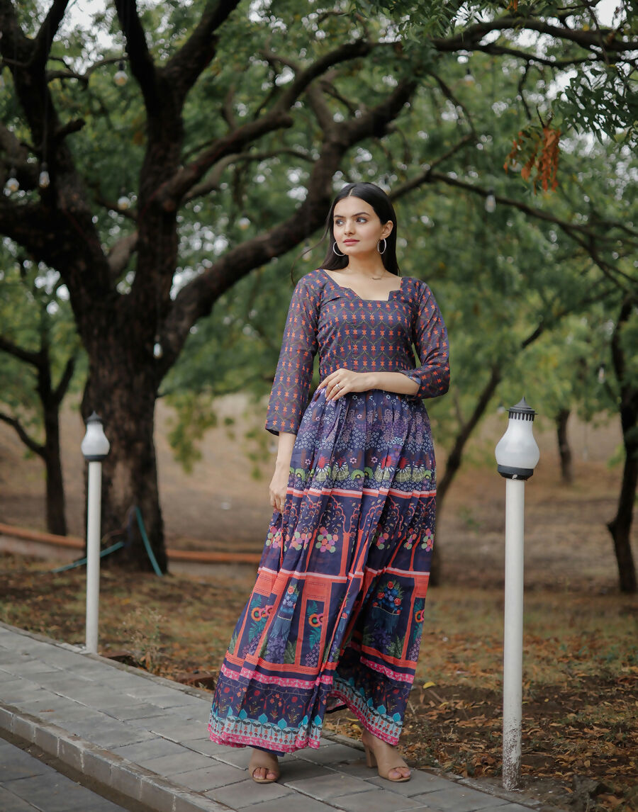Aayaa Pure Chanderi Gown With Heavy Digital Print - Multi Color | Grocsy