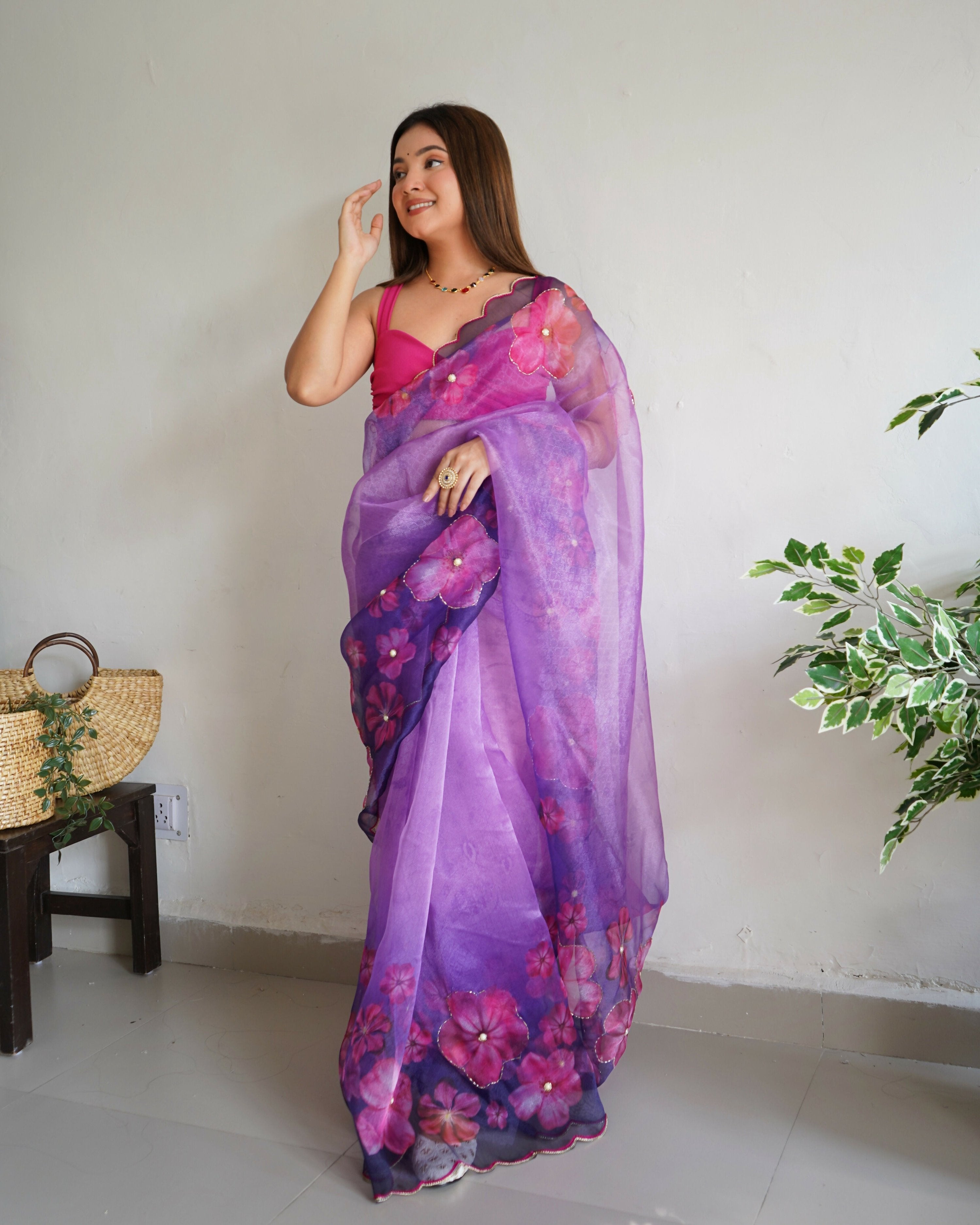 Vamsee Ramya Purple Organza Saree | Grocsy