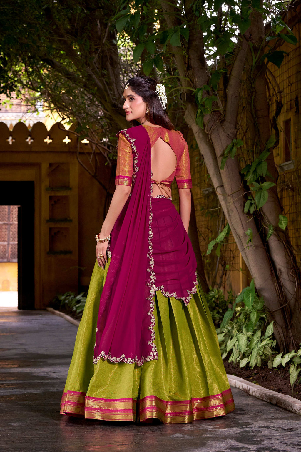 Evanik Pista South-style Kanchipuram silk lehenga With Unstitched Blouse & Dupatta | Grocsy