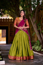 Evanik Pista South-style Kanchipuram silk lehenga With Unstitched Blouse & Dupatta | Grocsy