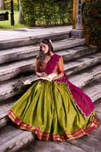 Evanik Pista South-style Kanchipuram silk lehenga With Unstitched Blouse & Dupatta | Grocsy