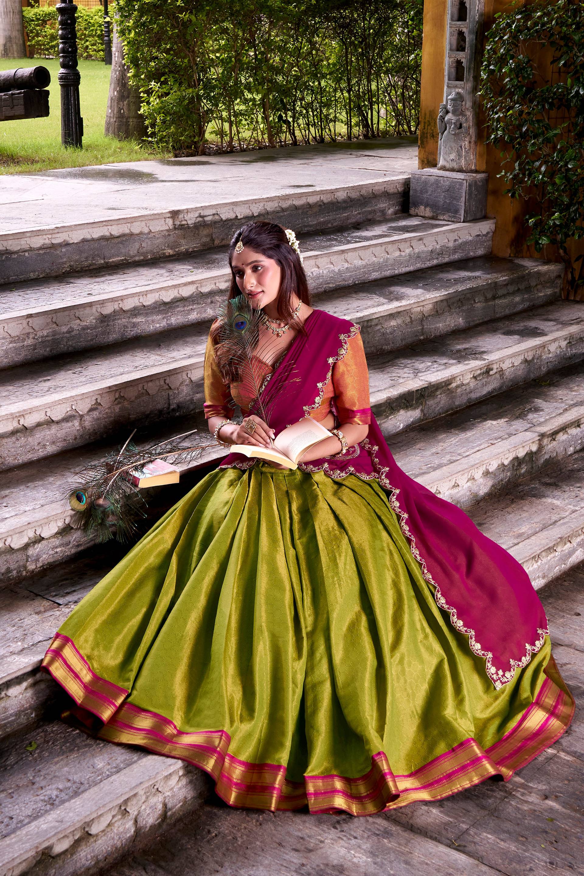 Evanik Pista South-style Kanchipuram silk lehenga With Unstitched Blouse & Dupatta | Grocsy