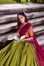 Evanik Pista South-style Kanchipuram silk lehenga With Unstitched Blouse & Dupatta | Grocsy