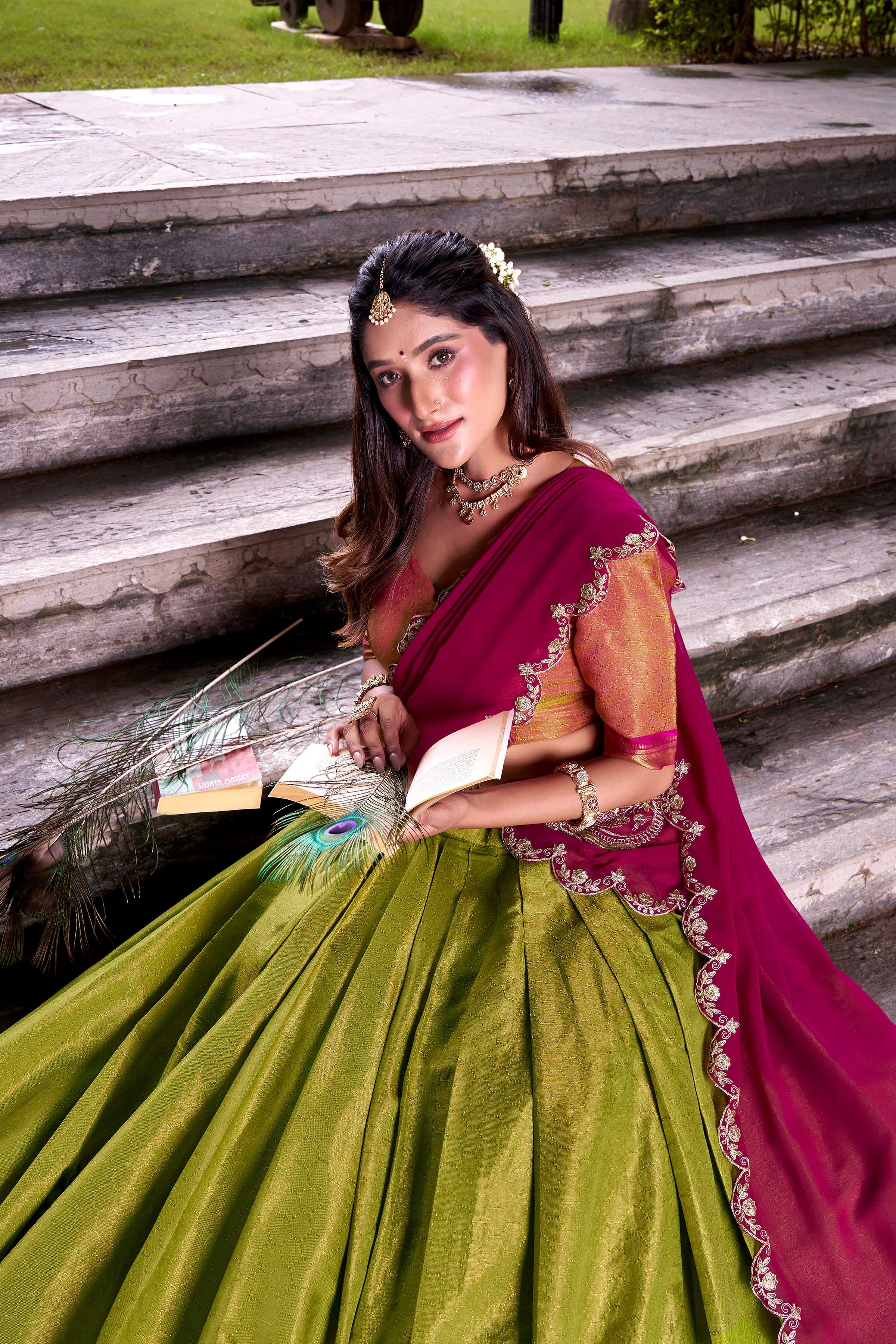 Evanik Pista South-style Kanchipuram silk lehenga With Unstitched Blouse & Dupatta | Grocsy