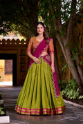 Evanik Pista South-style Kanchipuram silk lehenga With Unstitched Blouse & Dupatta | Grocsy