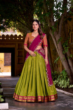Evanik Pista South-style Kanchipuram silk lehenga With Unstitched Blouse & Dupatta | Grocsy