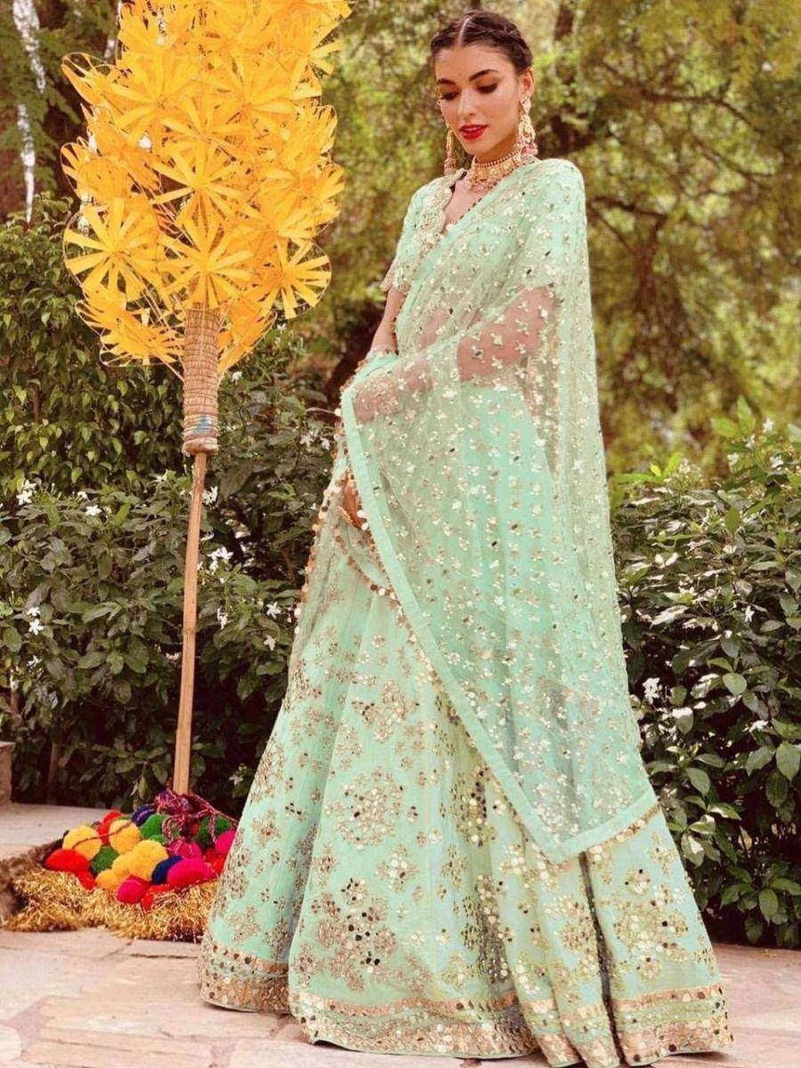 Tulsi Art Pista Green Paper Mirror Mulberry Silk Wedding Wear Lehenga Choli | Grocsy