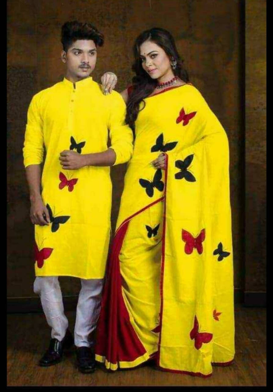 Exclusive Collection Saree With Blouse Piece For Women And Men's Kurta - Yellow | Grocsy