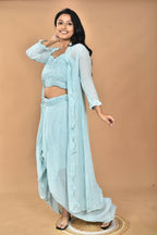 Morchari Women Hand Embroidery Crop Top-Sky | Grocsy