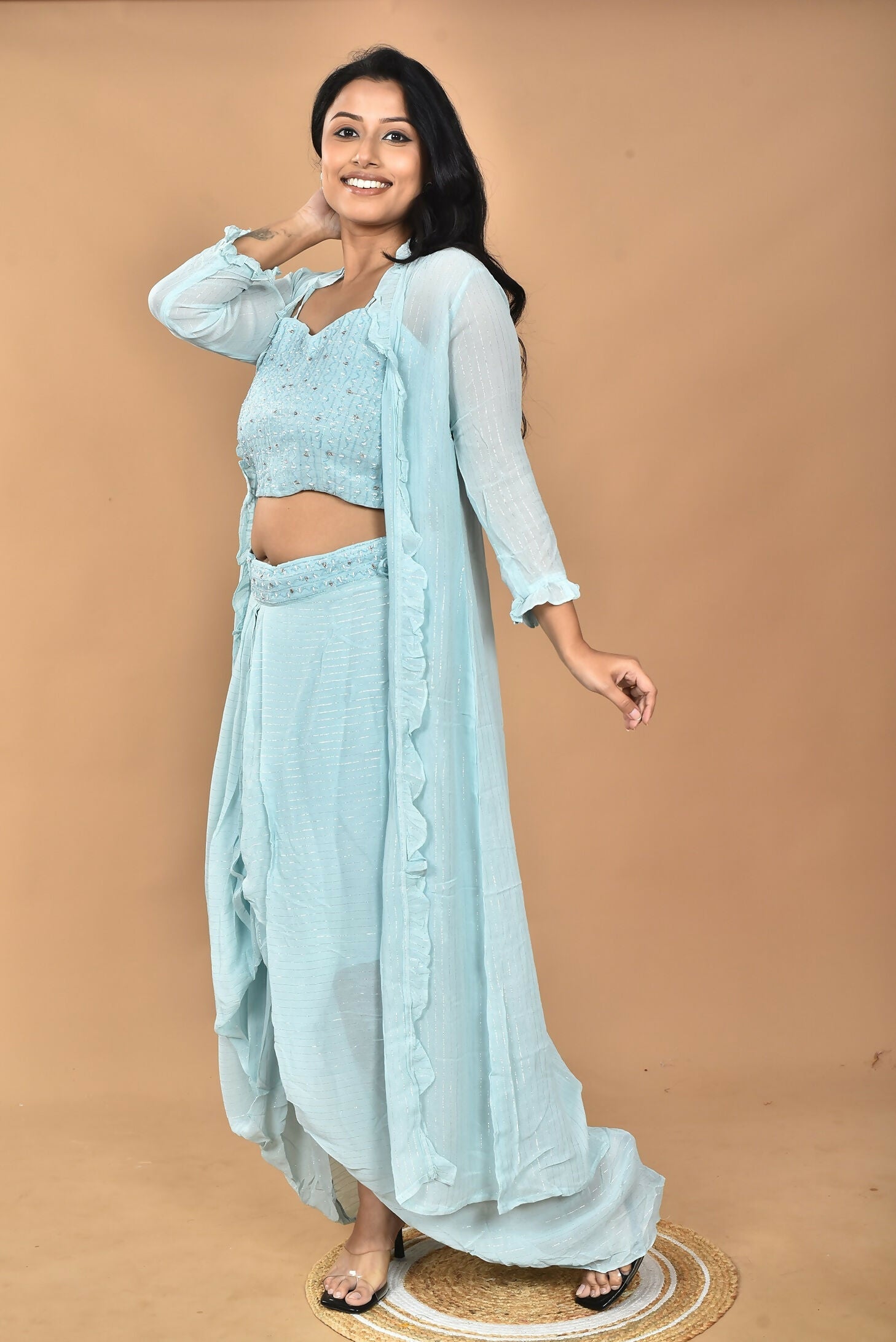 Morchari Women Hand Embroidery Crop Top-Sky | Grocsy